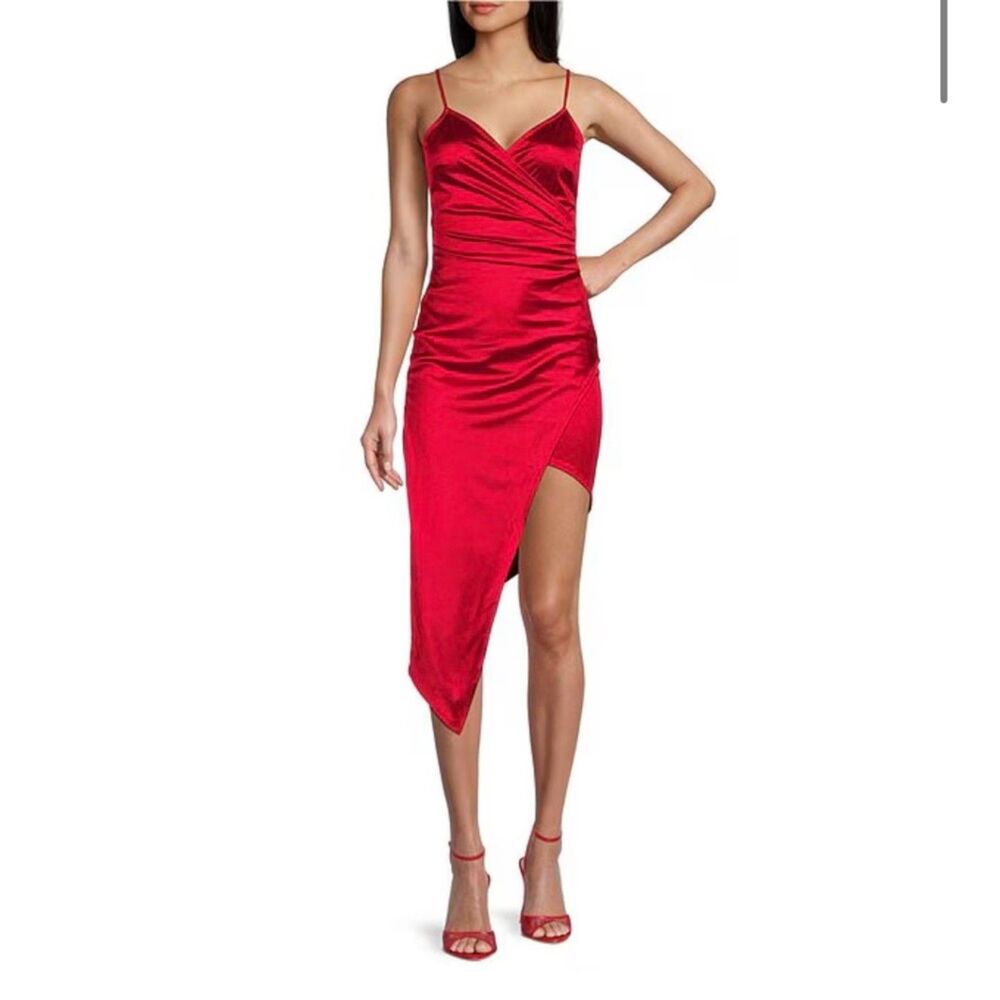 Red Spaghetti Strap Surplice Asymmetrical Wrap Glitter Dress Homecoming Juniors